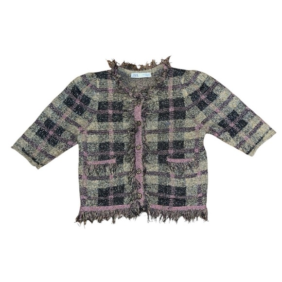 ZARA bubble sleeve tweed cropped jacket blazer purple tan fringe old money fall - Picture 2 of 11